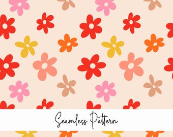 May include: A seamless pattern featuring a variety of colorful flowers in shades of red, orange, yellow, pink, and brown. The flowers are arranged in a repeating pattern on a light beige background.