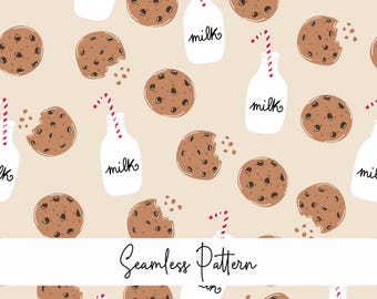 Milk and cookies seamless pattern, milk and cookies background, chocolate chip cookies, milk and cookie surface pattern