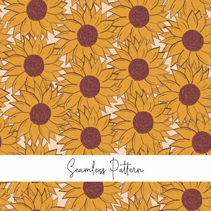 May include: A seamless pattern featuring numerous sunflowers with yellow petals and dark brown centers. The sunflowers are set against a light beige background. The words "Seamless Pattern" are written in cursive.