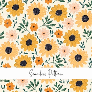 May include: A seamless pattern featuring yellow sunflowers with dark centres, orange and pink accent flowers, and green leaves on a cream background. The text "Seamless Pattern" is displayed in a cursive font.