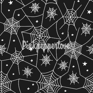 May include: A seamless pattern featuring white spiderwebs and stars on a black background. The design includes various sizes of spiderwebs and small, five-pointed stars, creating a spooky, Halloween-themed aesthetic. The text "Pinkpeppertow" is also visible.