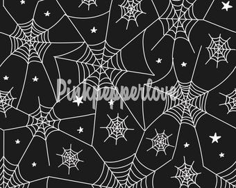 May include: A seamless pattern featuring white spiderwebs and stars on a black background. The design includes various sizes of spiderwebs and small, five-pointed stars, creating a spooky, Halloween-themed aesthetic. The text "Pinkpeppertow" is also visible.