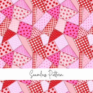 May include: A seamless pattern featuring a patchwork design of various geometric shapes in shades of red, pink, and white. The fabric print includes motifs of hearts, polka dots, floral patterns, and red and white gingham checks with stitching.