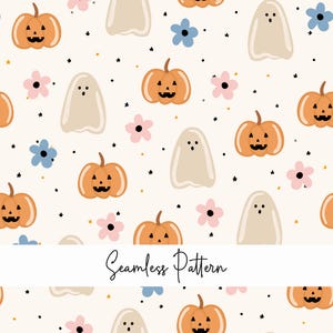 May include: A seamless pattern featuring orange pumpkins with jack-o'-lantern faces, white ghosts, and pink and blue flowers on a white background. The text "Seamless Pattern" is at the bottom of the image.