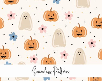 Halloween ghost and pumpkin seamless pattern, Retro Halloween, scary background, seamless Halloween file, cute ghost