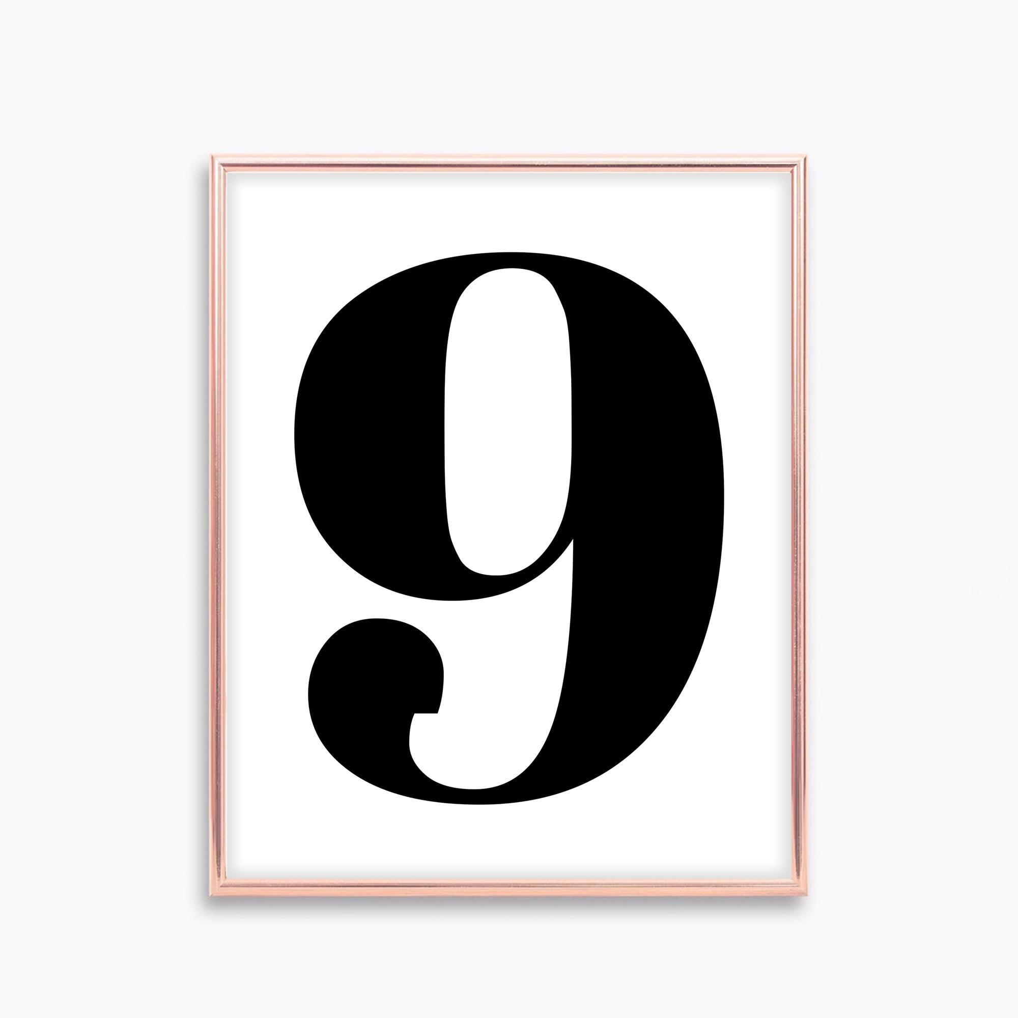 Printable Number 9, Number Nine Poster, Black and White Number 