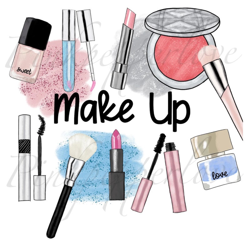 May include: A collection of makeup products including lipsticks, mascara, blush, eyeshadow, and perfume bottles. The products are arranged in a circle around the words "Make Up".