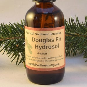 May include: A brown glass bottle with a black spray top, labeled "Essential Northwest Botanicals Douglas Fir Hydrosol 4 ounces handcrafted and processed in Washington State Water, Douglas Fir (Pseudotsuga menziesi) essentialnorthwest.etsy.com"