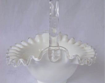 Vintage Fenton Silver Crest Milk Glass Brides Basket with Crimped Clear Handle