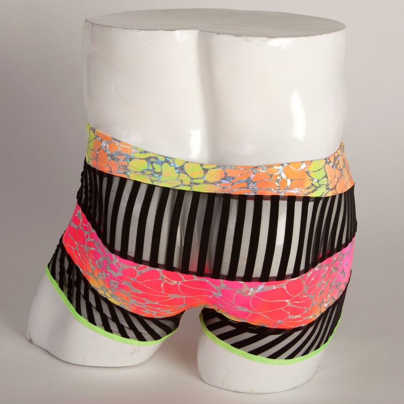 EDC outfit Men/'s Neon and Black Stripe Mesh Trunk burning man men/'s pole dance EDM men/'s booty short with pouch
