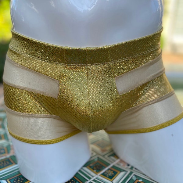 Men's Gold and Gold Mesh Trunk, burning man, cosplay, men's pole dance, EDC outfit, EDM, men's booty short with pouch