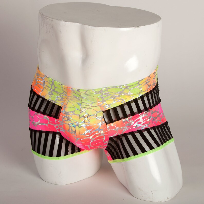 EDC outfit Men/'s Neon and Black Stripe Mesh Trunk burning man men/'s pole dance EDM men/'s booty short with pouch