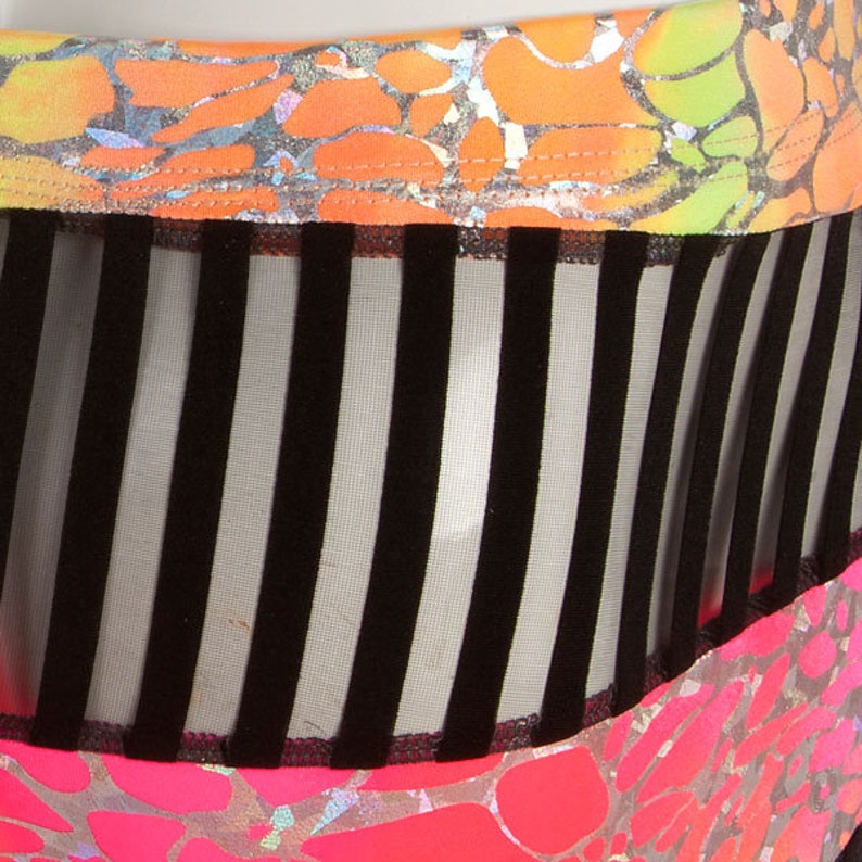 EDC outfit Men/'s Neon and Black Stripe Mesh Trunk burning man men/'s pole dance EDM men/'s booty short with pouch