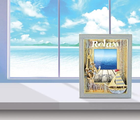 Nautical Beach Theme Home Decor Puzzled Coastal 4 x 6 Distressed Wooden Sail Boat Picture Frame Lake House Cruise Decoration Back Easel Handcrafted for Tabletops Office Desktop Tabletop Accent