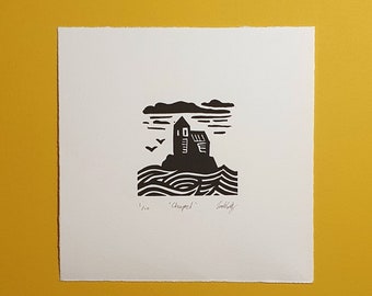 Chapel linocut print — 5 x 5 inch handmade relief print — limited edition of 10