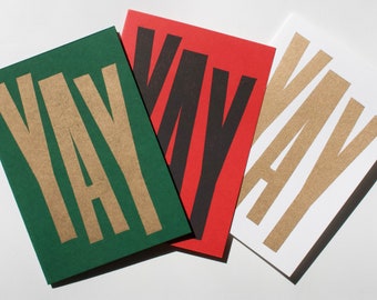 YAY - Greetings card | Original Linocut handmade print | Gold, Red & White colour options | A6 Card with envelope