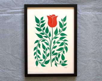 Rose Linocut Print | A4 handmade art print | 2-colour red/green and black/gold lino print