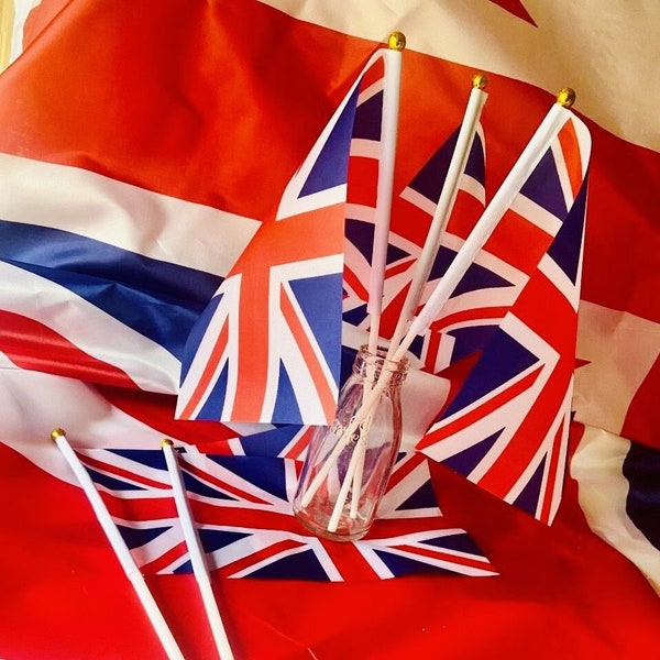 Union Jack Hand Flags - King Charles III Coronation 10 White & Gold Poles With Fabric Flag Ideal for Royal, British and Vintage Celebrations
