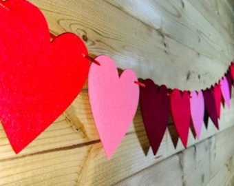 Heart Garland Valentine Decoration - Red Pink and Maroon Felt Hearts Red Ribbon Perfect Love Theme Banner Event Celebration Decoration 5ft.