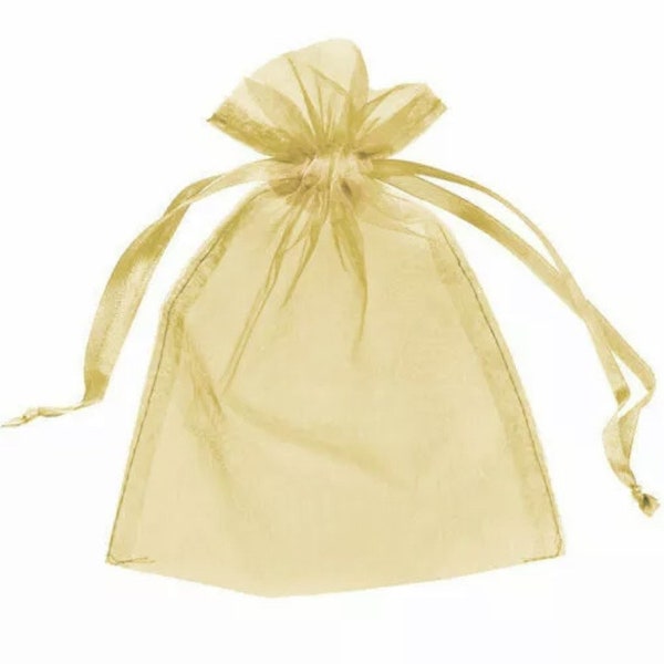 ORGANZA BAGS Gold Fabric With Pull Ties In Packs Of 25 Perfect for Wedding And Party Favours, Gift, Sweets, Jewellery And More 9x12cm