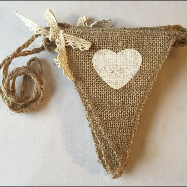 Bunting Hessian Burlap with white heart & Lace Detail, Ideal For Events, Parties, Weddings, Celebrations, Perfect For Any Room Or Space 5ft