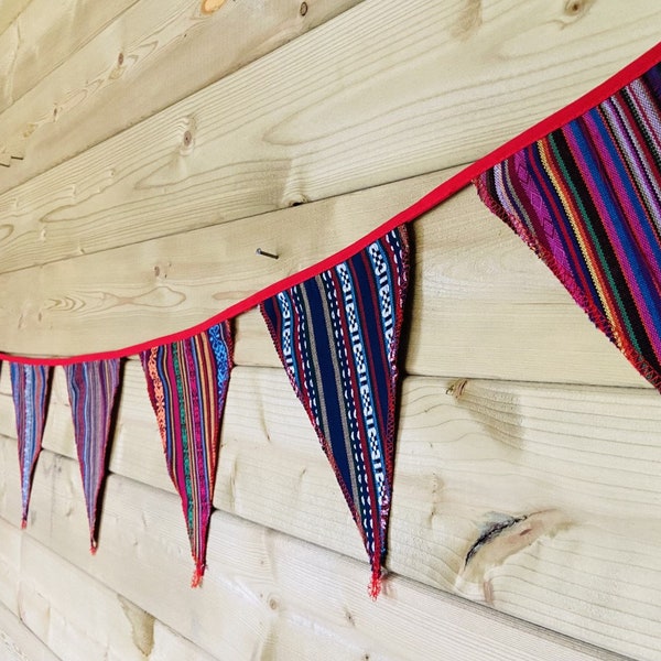 Boho Tribal Bunting Perfect Festival Carnival Style Hippy Rustic Woven Fabric Design With Blue Purple Red and Green Detail & Red Finish 7ft