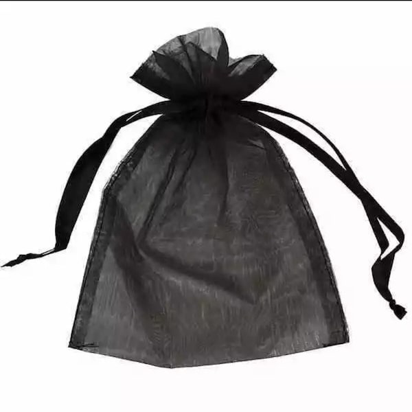 ORGANZA BAGS - Tessuto nero con cravatte pull in confezioni da 25 perfette per bomboniere da sposa e da festa, regalo, dolci gioielli e altro 9x12cm