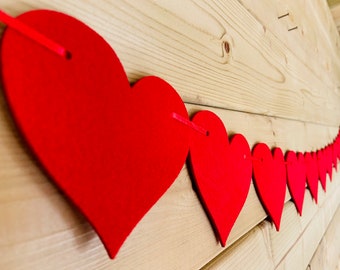 Heart Garland Valentines Decoration - 12 Red Felt Hearts & Red Ribbon Ties Perfect Decoration For Any Love Themed Room Area Space or Event