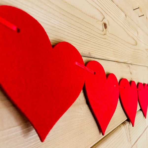 Heart Garland Valentines Decoration - 12 Red Felt Hearts & Red Ribbon Ties Perfect Decoration For Any Love Themed Room Area Space or Event