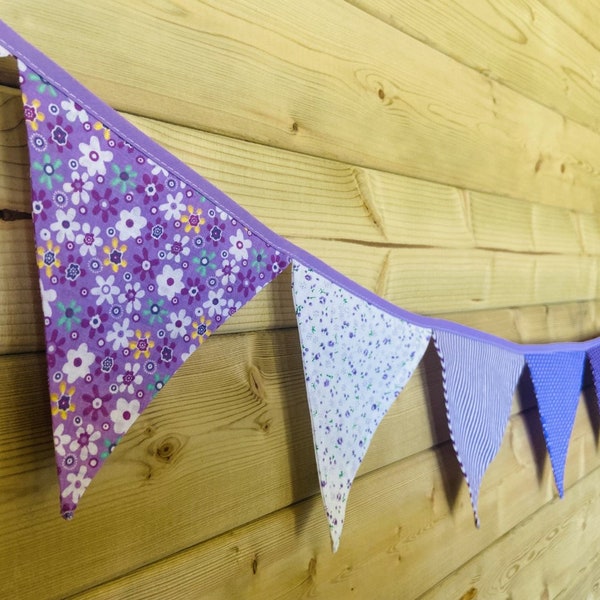 Purple Bunting Traditional Shabby Chic Pretty Cotton Fabrics Floral Polka Candy Stripe Design Purple Binding Perfect Decoration12 Flags 3.3m