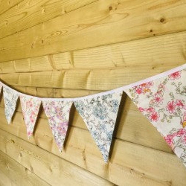 Bunting Floral Style - Beautiful Flower Design in Purple, Blue and Pink. Cotton Fabric with White Bias Binding 12 Flag 3.3m