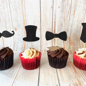 Tortenaufleger - Schwarz, glitzernd, Glitter-Finish-Karte Zylinder, Krawatte, Schnurrbart und Fliege Design x 24 Stück Perfekte Black Tie Event Toppers