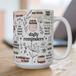 Mok met dagelijkse herinneringen Badass, mok geestelijke gezondheid, mok dagelijkse affirmaties, mok met cadeau, beker positieve mindset, zelfzorgcadeau, grappige geestelijke gezondheid afbeelding 1