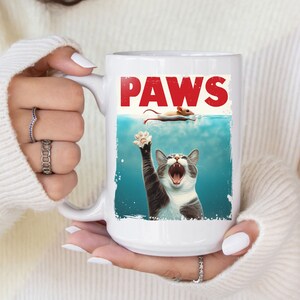 Paws Mug, Jaws Parody, Movie Poster Mug, gift for cat lovers, cat gift for mom, jaws shark week, shark cat, Gift for Cat Dad jaws movie gift