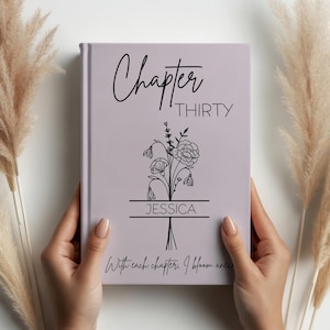 Può includere: Un diario color lavanda con le parole "Chapter Thirty" e "Jessica" stampate sulla copertina, insieme a un'illustrazione floreale. Il diario è tenuto da due mani, e il testo "With each chapter, I bloom anew" è stampato in basso.