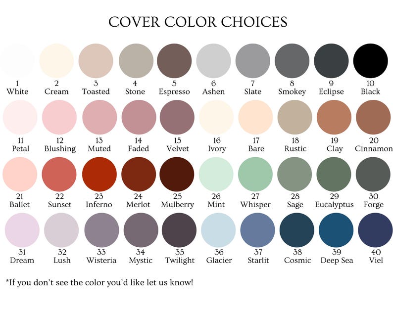 Puede incluir: Carta de colores con 40 opciones, incluyendo blanco, crema, negro y varias tonalidades de rosa, marr&oacute;n, verde y azul. El texto "COVER COLOR CHOICES" est&aacute; en la parte superior, y "If you don't see the color you'd like let us know!" en la inferior.