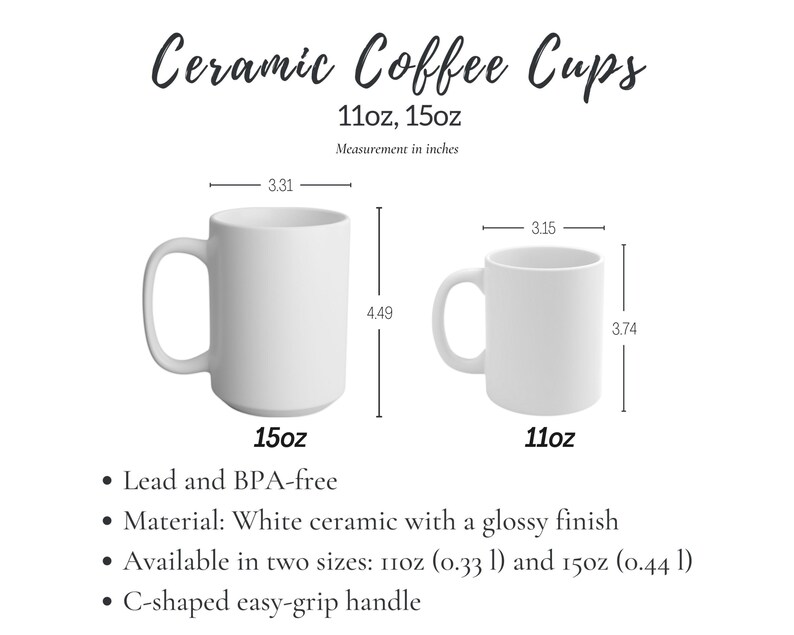 Op de afbeelding: Twee witte keramische koffiemokken met C-vormige handvatten. De mok links is 15 ounce en de mok rechts is 11 ounce. Beide mokken zijn loodvrij en BPA-vrij.