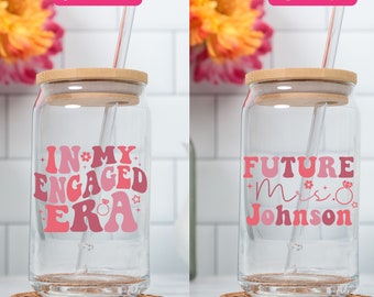 Custom In My Engaged Era Ice Coffee Cup, Future Mrs Gift, Engagement Gift, New Bride Gift, Bride to Be Glass Cup, Gift For Bride To Be, 16oz