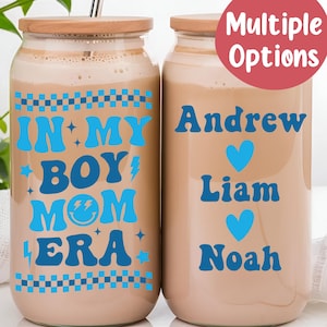 Boy Mom Era Tumbler with Lid and Straw, Girl Mom, Boy Mom Glass Can 16oz, Mom Tumbler, Mom Glass Tumbler, Glass Coffee Cup, Iced Coffee Cup