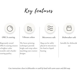 Op de afbeelding: Illustratie van vier belangrijke kenmerken van een mok: ORCA-coating, levendige kleuren, magnetronbestendig en vaatwasserbestendig. De tekst "Key features" staat bovenaan de afbeelding. De tekst "Care instructions: clean in dishwasher or wash by hand with warm water and dish soap." staat onderaan de afbeelding.
