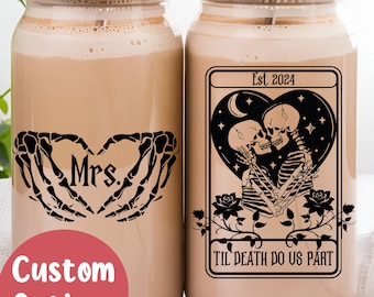 Custom Till Death Do Us Part Iced Coffee Cup, Mrs Glass Cup with Lid Straw, Mr Glass Can, Engagement Gift, Bridal Shower Gift, Bride to Be