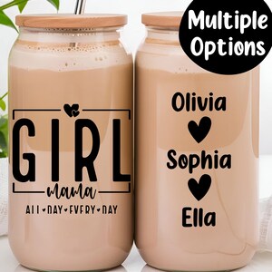 Custom Girl Mom, Girl Mom Glass Can with Lid and Straw, Glass Can 16oz, Mom Tumbler, Mom Glass Tumbler, Glass Coffee Cup, Iced Coffee Cup