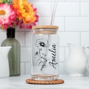 Birth Flower Personalized Iced Coffee Cup, 16oz Glass Cup, Custom Beer Can Glass with Lid and Straw, Bridesmaid Gift, Bridesmaid Proposal