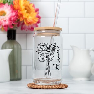 Birth Flower Personalized Iced Coffee Cup, 16oz Glass Cup, Custom Beer Can Glass with Lid and Straw, Bridesmaid Gift, Bridesmaid Proposal
