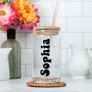 Personalized Iced Coffee Cup, 16oz Glass Cup, Custom Beer Can Glass with Lid and Straw, Bridesmaid Gift, Bridesmaid Proposal Gift Coffee Cup