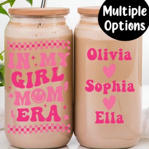 Girl Mom Era Tumbler with Lid and Straw, Girl Mom, Boy Mom Glass Can 16oz, Mom Tumbler, Mom Glass Tumbler, Glass Coffee Cup, Iced Coffee Cup