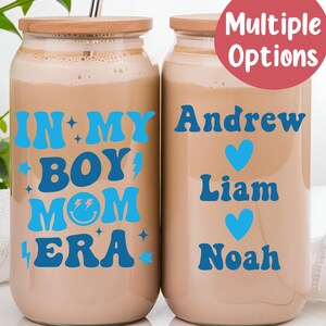 Boy Mom Era Tumbler with Lid and Straw, Girl Mom, Boy Mom Glass Can 16oz, Mom Tumbler, Mom Glass Tumbler, Glass Coffee Cup, Iced Coffee Cup