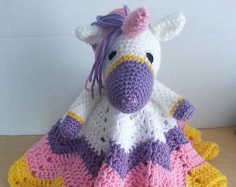 Crochet Snuggle Rainbow Multicolored Purple Pink Yellow Unicorn Lovey Travel Security Blanket