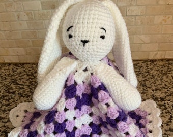 Bunny Lovey, Baby Shower Gift, Handmade Bunny  Lovey, Crochet Animal Lovey, Stuffed Rabbit Lovey, Stuffed Animal Blanket, Crochet Baby Bunny