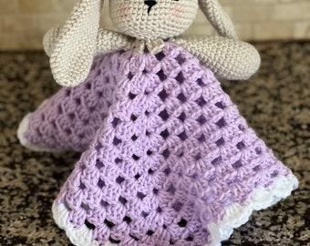 Purple Bunny Lovey, Baby Shower Gift, Handmade Bunny  Lovey, Crochet Animal Lovey, Stuffed Rabbit Lovey, Stuffed Animal Blanket, Baby Bunny